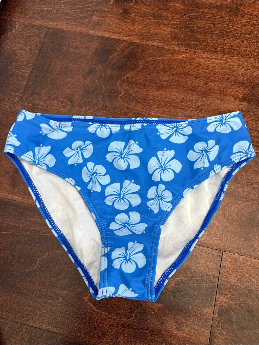 NEW 3-Piece Girls Swim Suit Set Bikini Bathing Blue Hibiscus Tropical Print, 10